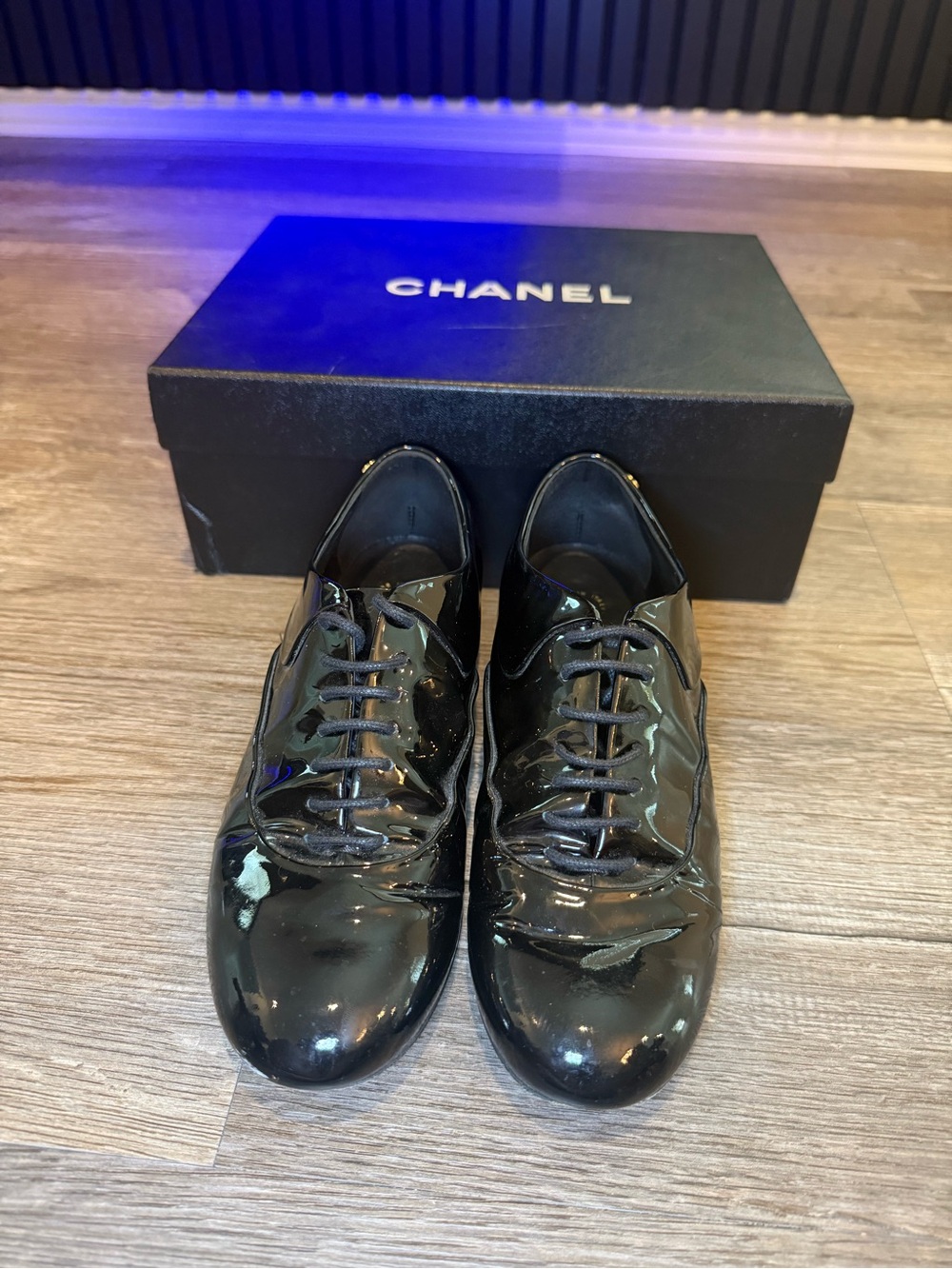 Chanel Patent Leather CC Logo Oxfords IT 37 US 7 With Box & Dust Bags
